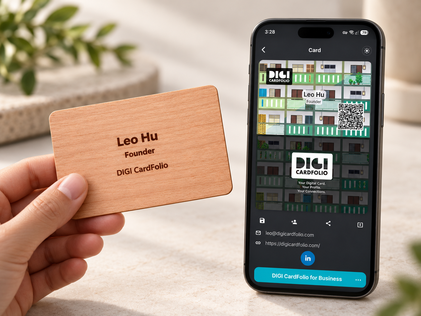 A personalised DIGI CardFolio wooden NFC name card held beside a phone displaying NFC Card Rewards