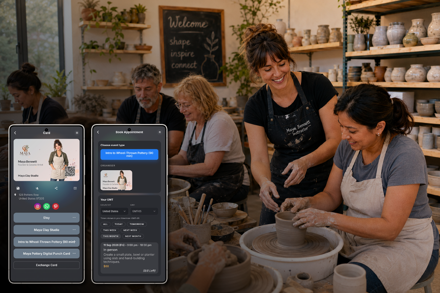 Maya Bennett guiding a hands-on pottery class with a booking screen