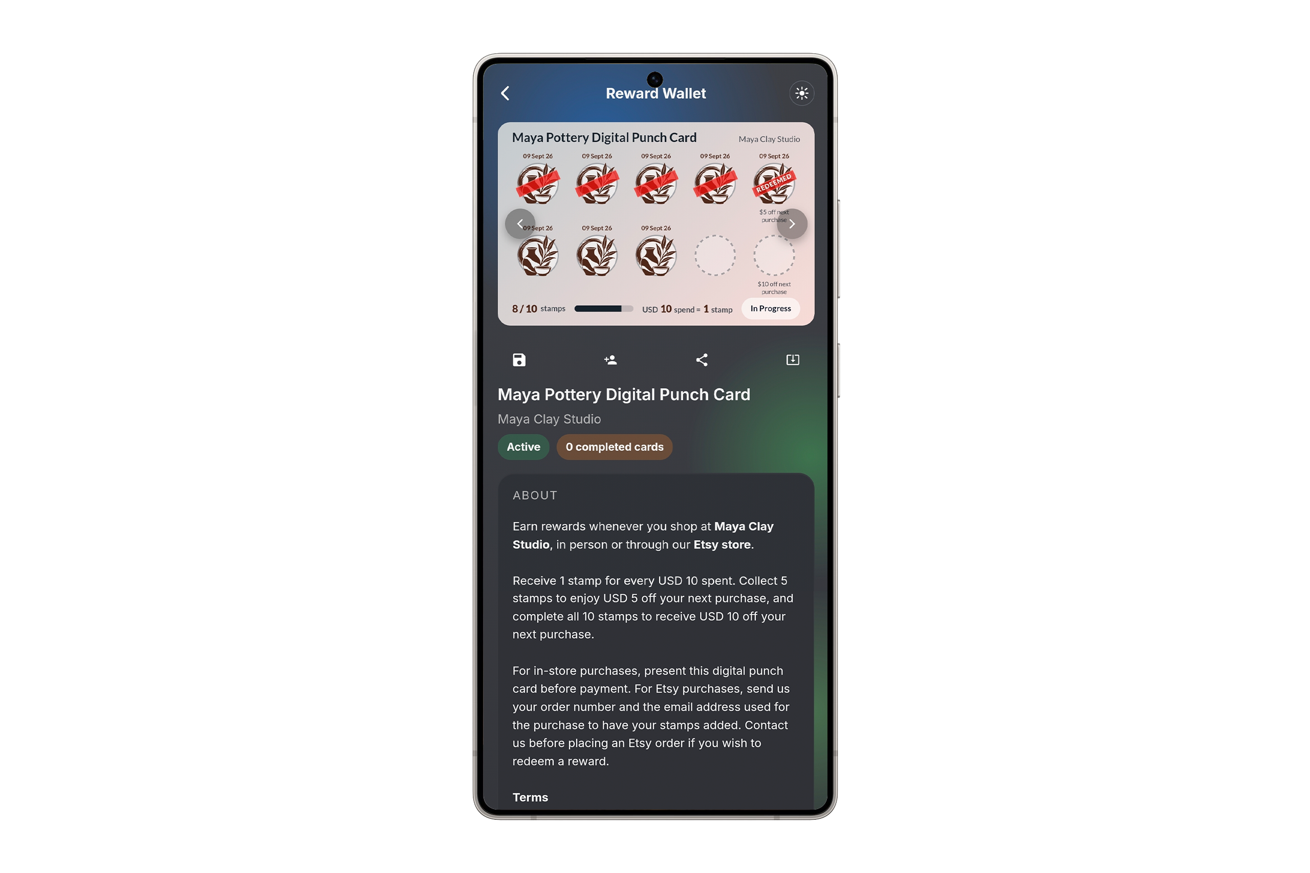 Maya Pottery Digital Punch Card in the Reward Wallet on a phone