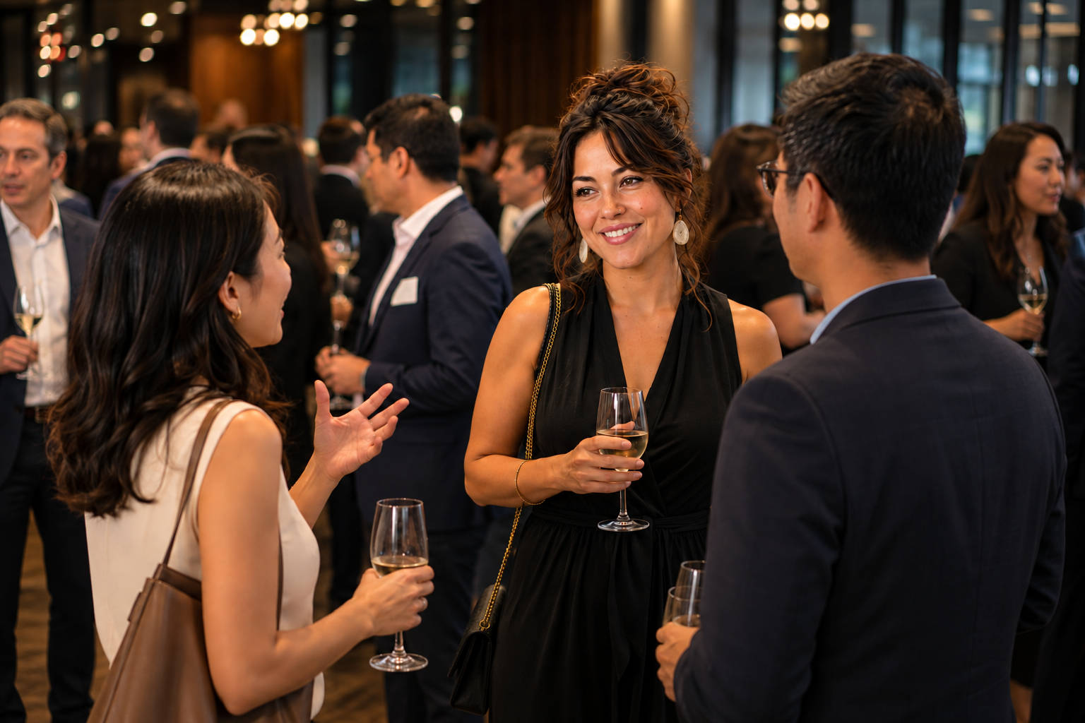 Maya Bennett talking with professionals at a networking event