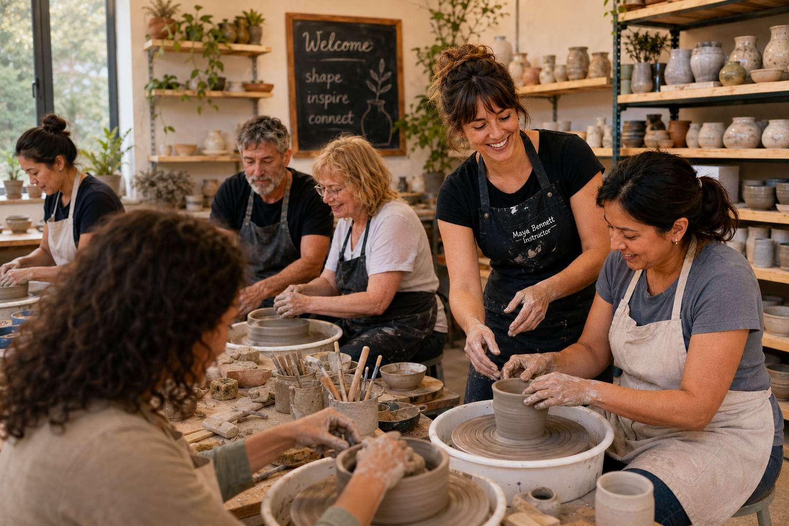 Maya Bennett guiding a hands-on pottery class