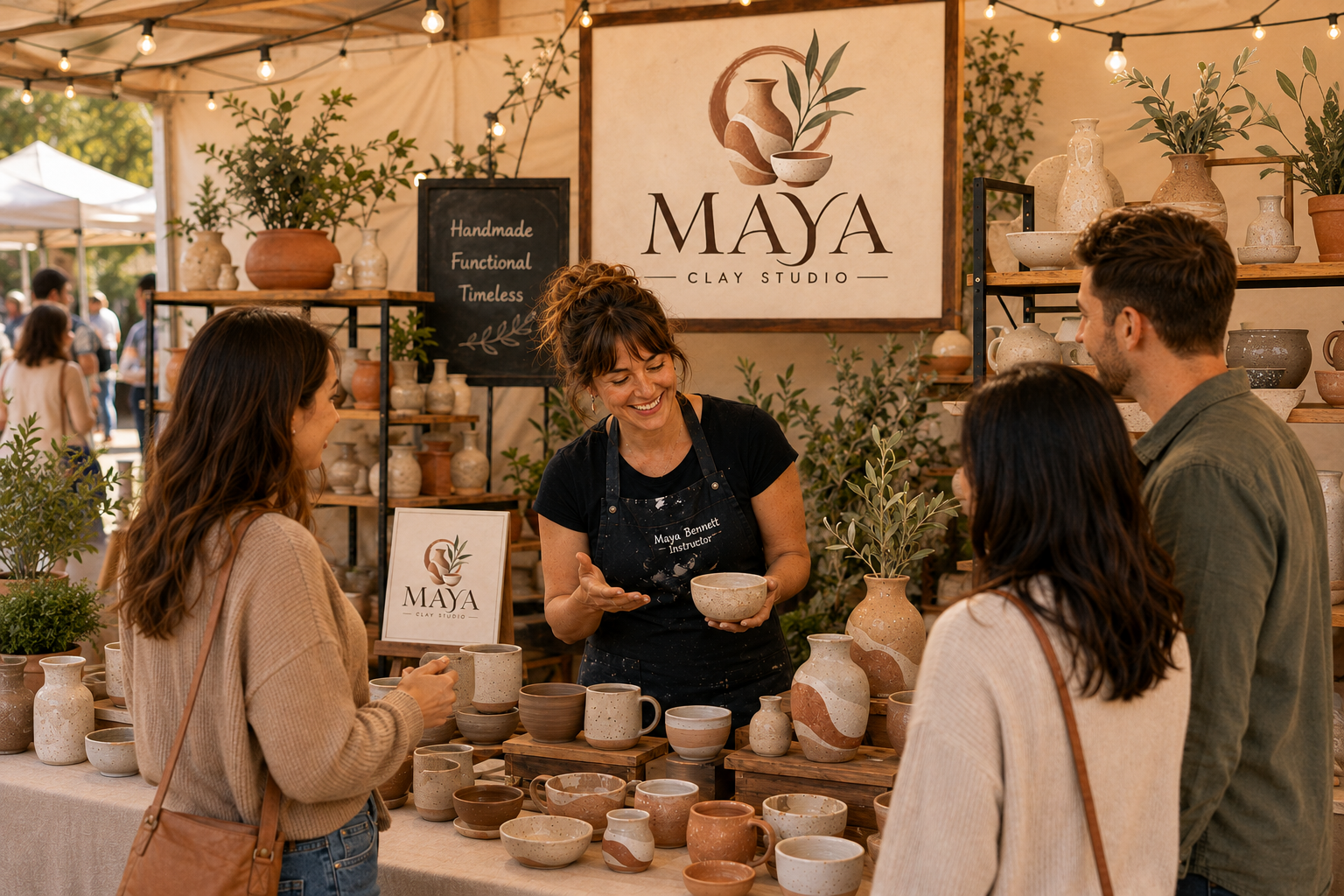 Maya Bennett welcoming customers at her Maya Clay Studio market stall