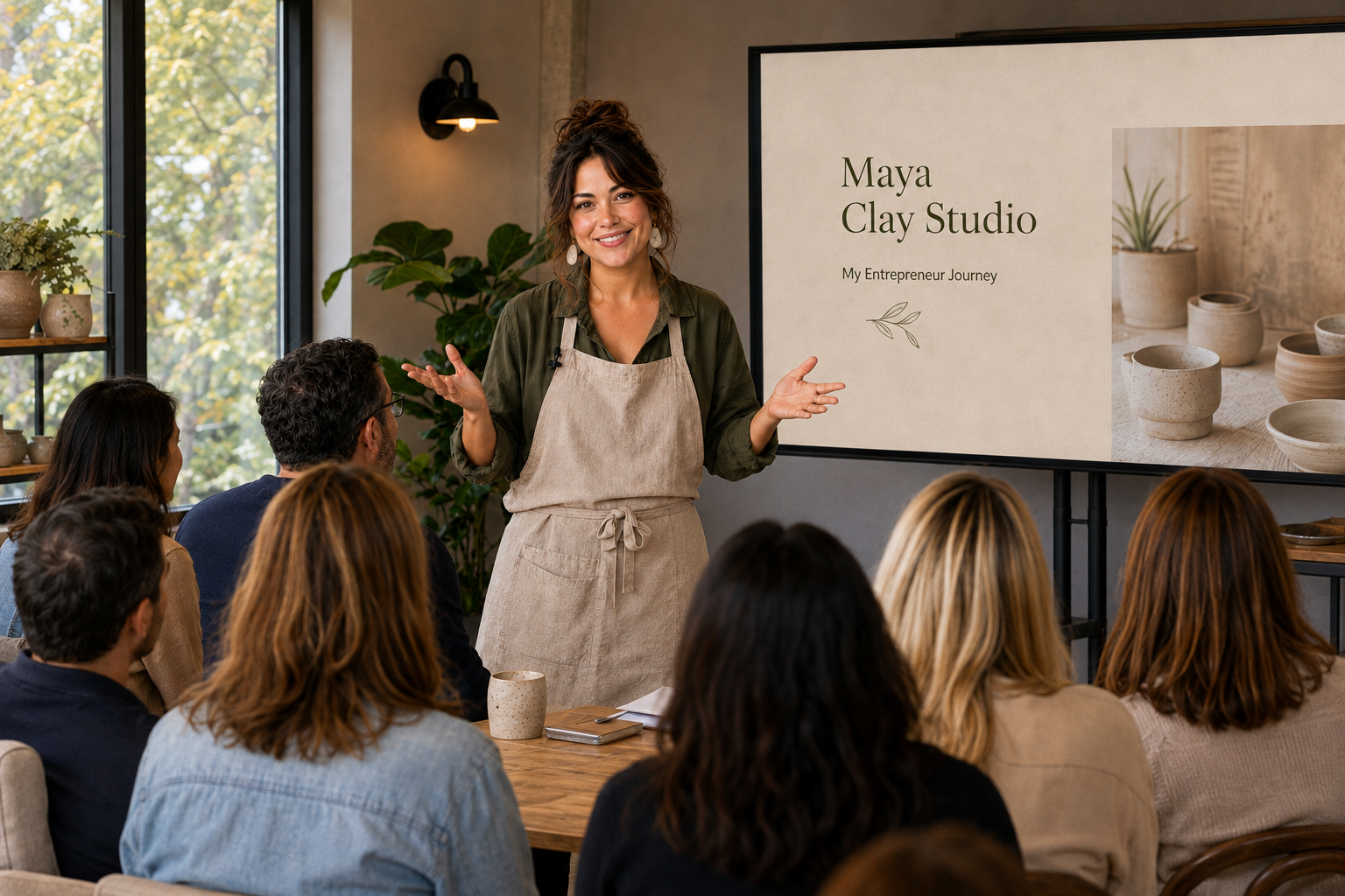 Maya Bennett presenting a pottery workshop to her class
