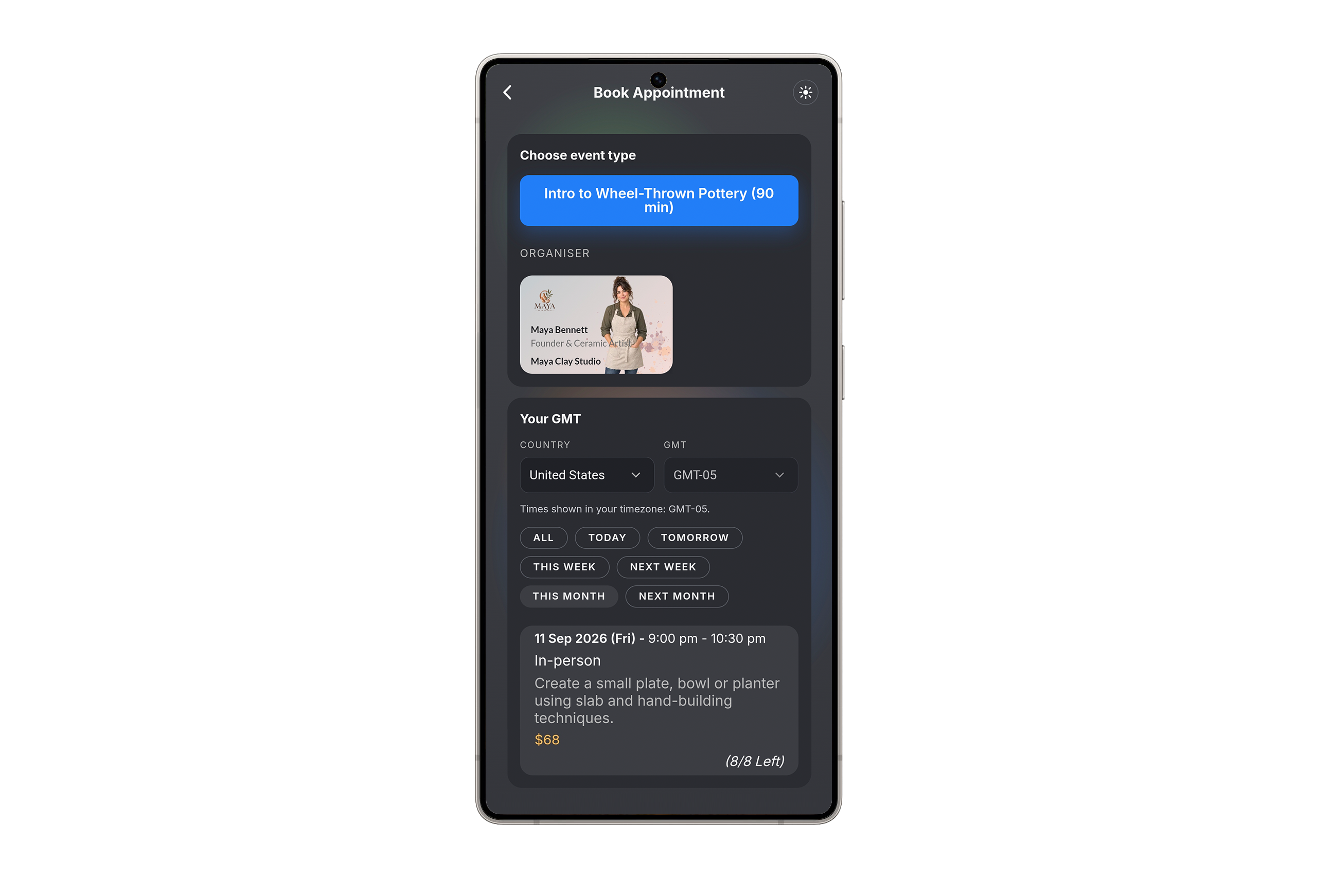 Maya Clay Studio booking screen on a phone