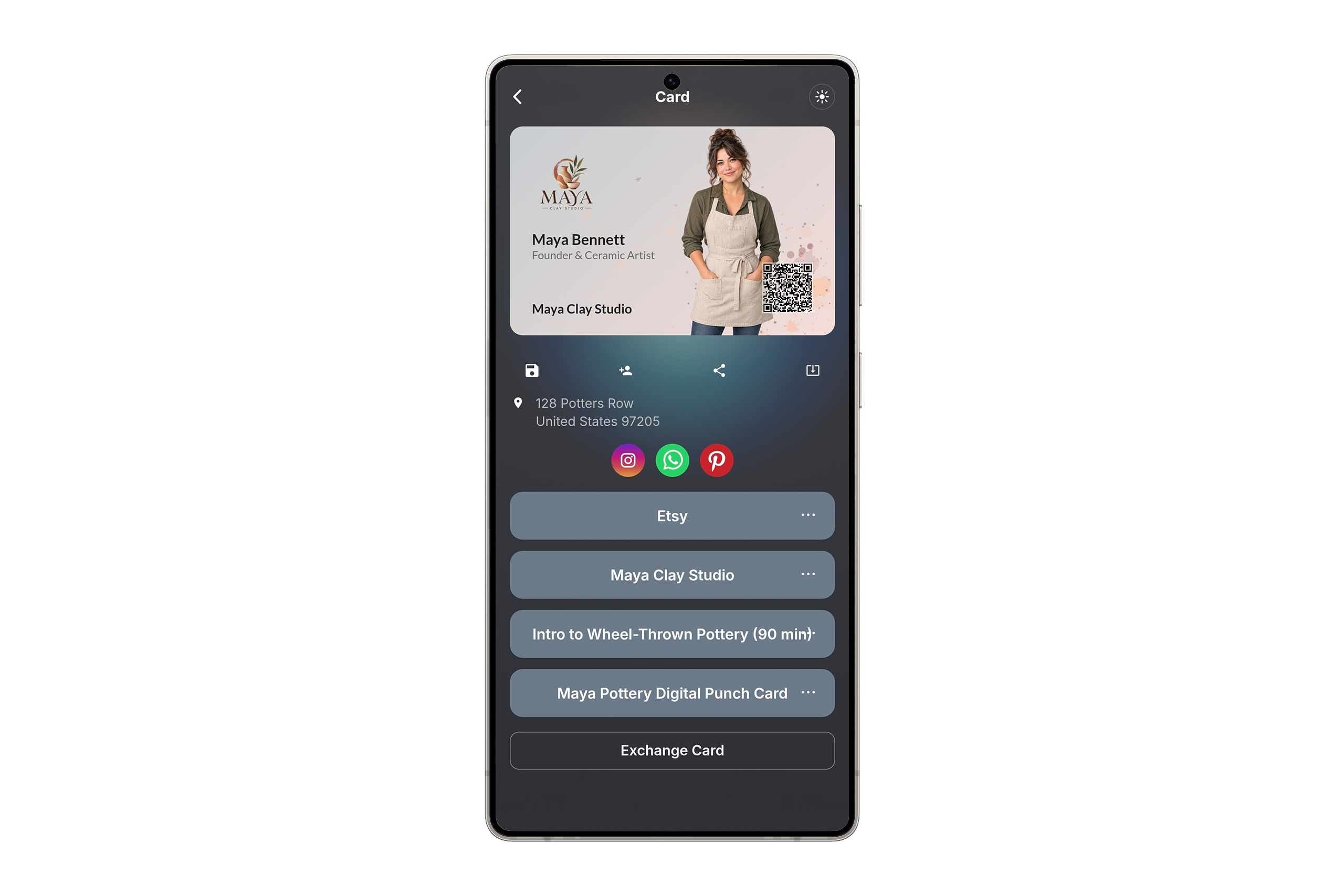 Maya Bennett's digital business card on a phone