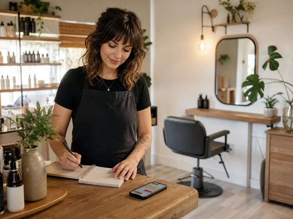 Independent beauty professional managing a booking in a warm small studio