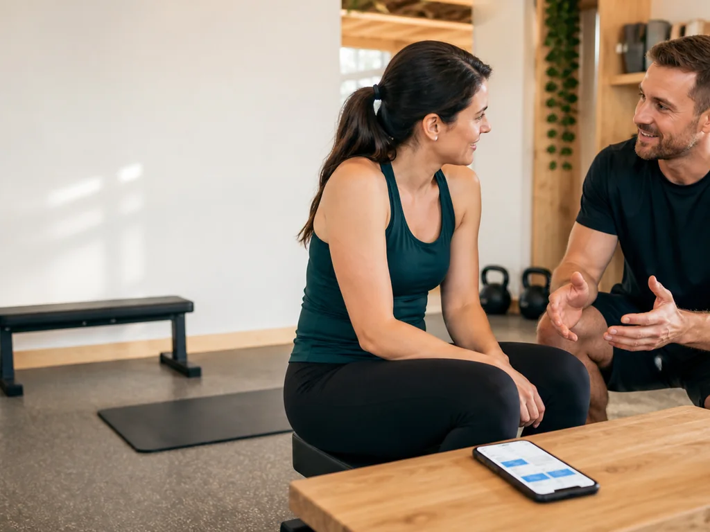 Independent fitness instructor meeting a client in a bright training studio