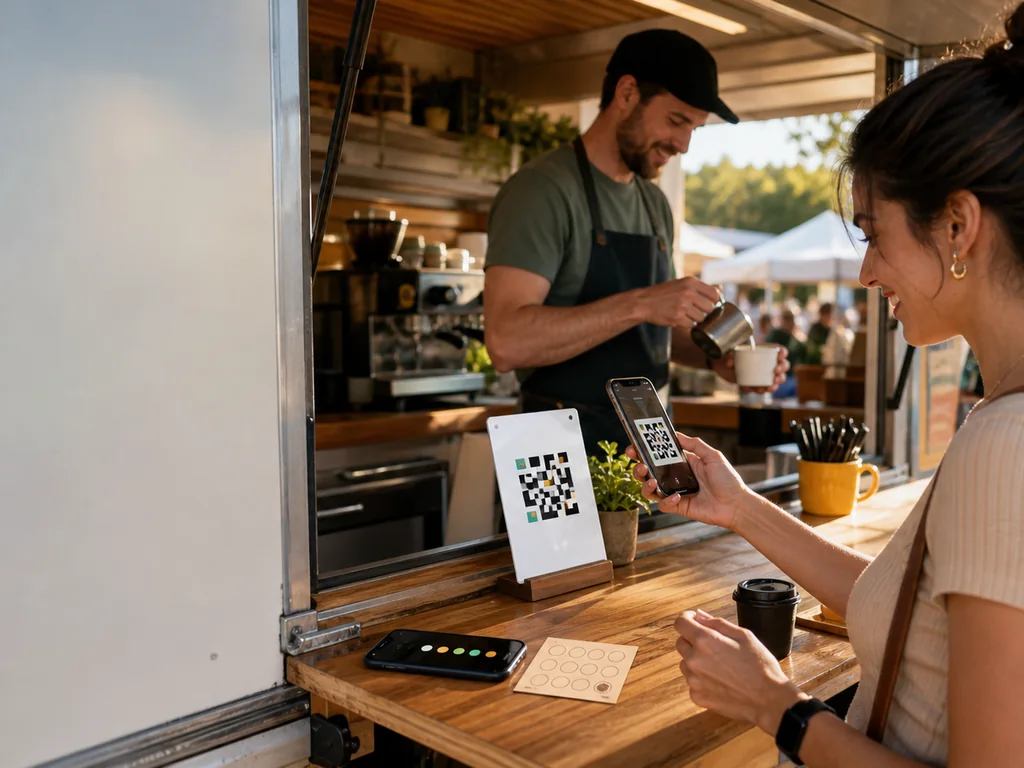 Market vendor and customer using a QR-led digital rewards experience