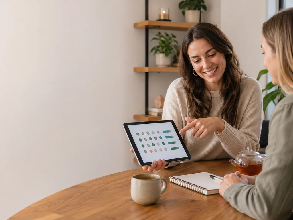 Wellness coach reviewing simple routine progress with a client