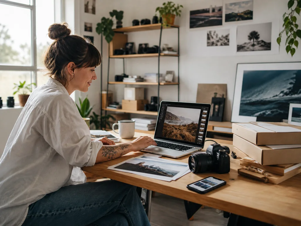Independent photographer editing work in a daylight home studio