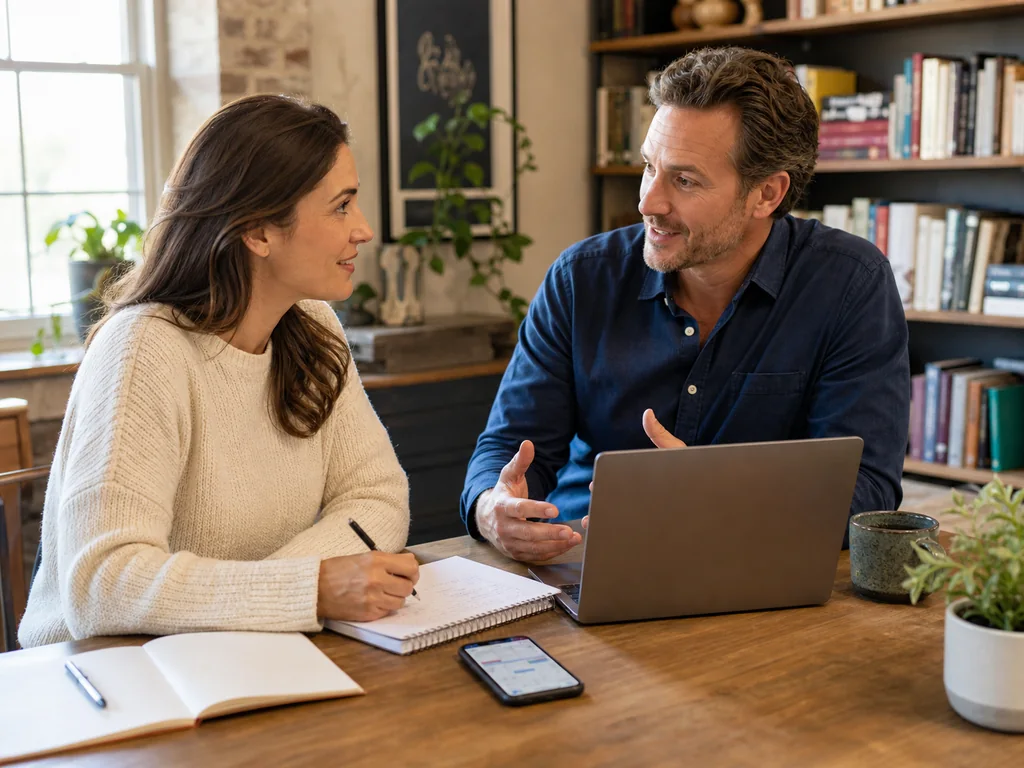 Tutor or coach meeting one-on-one with a client in a calm workspace