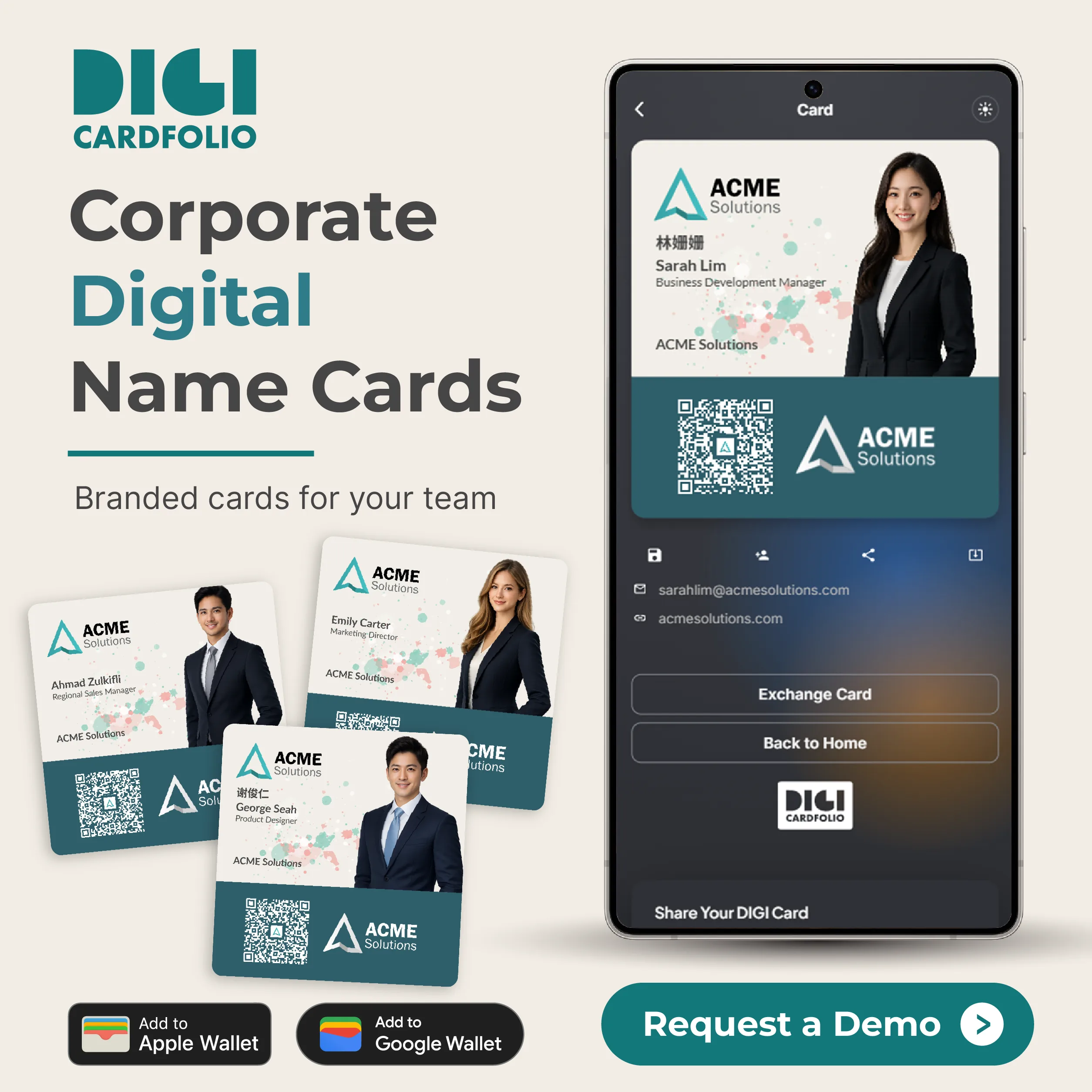 DIGI CardFolio corporate digital name card banner showing branded employee cards and a mobile card view.