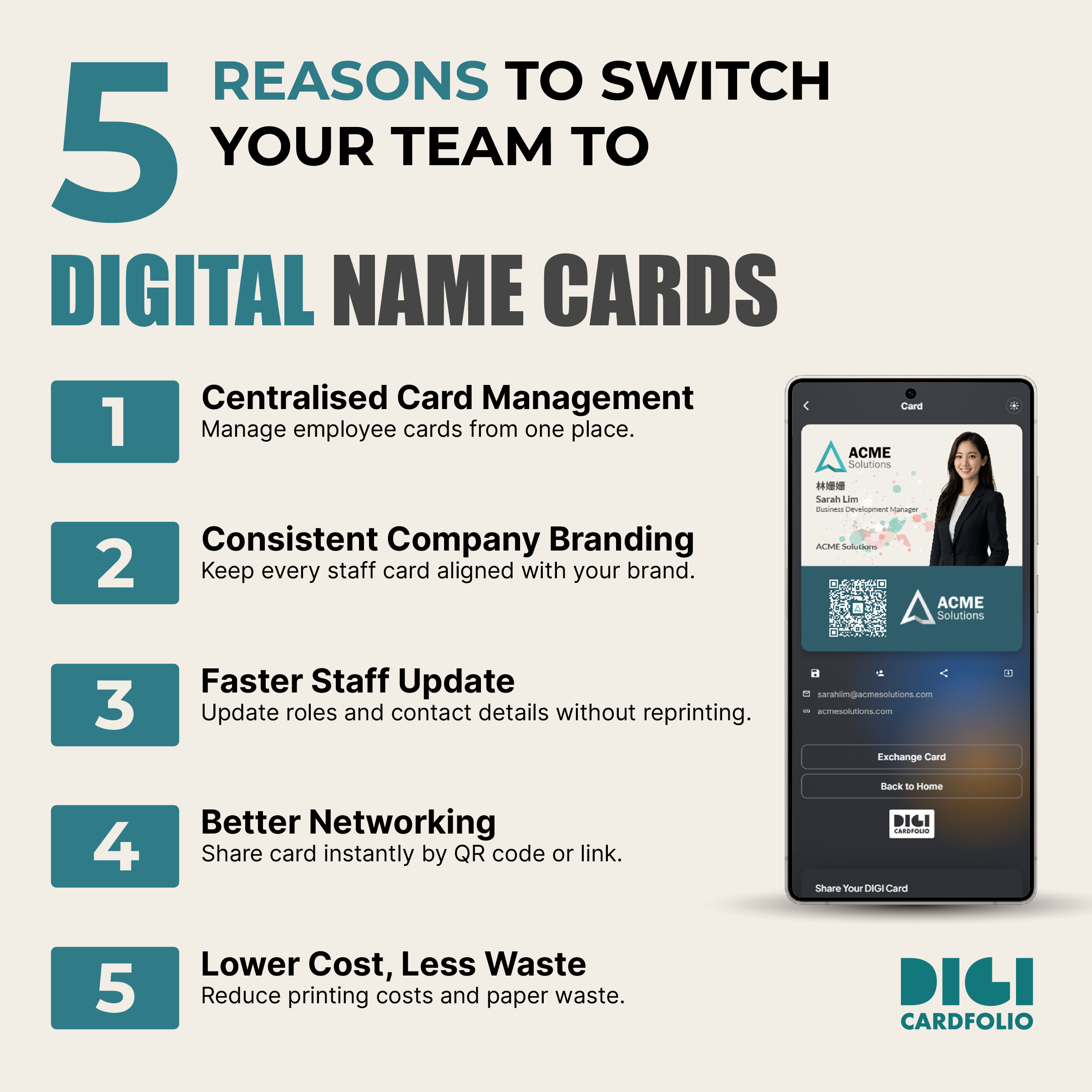 Five reasons to switch your team to DIGI digital name cards: centralised management, consistent branding, faster updates, better networking, and lower cost and waste.