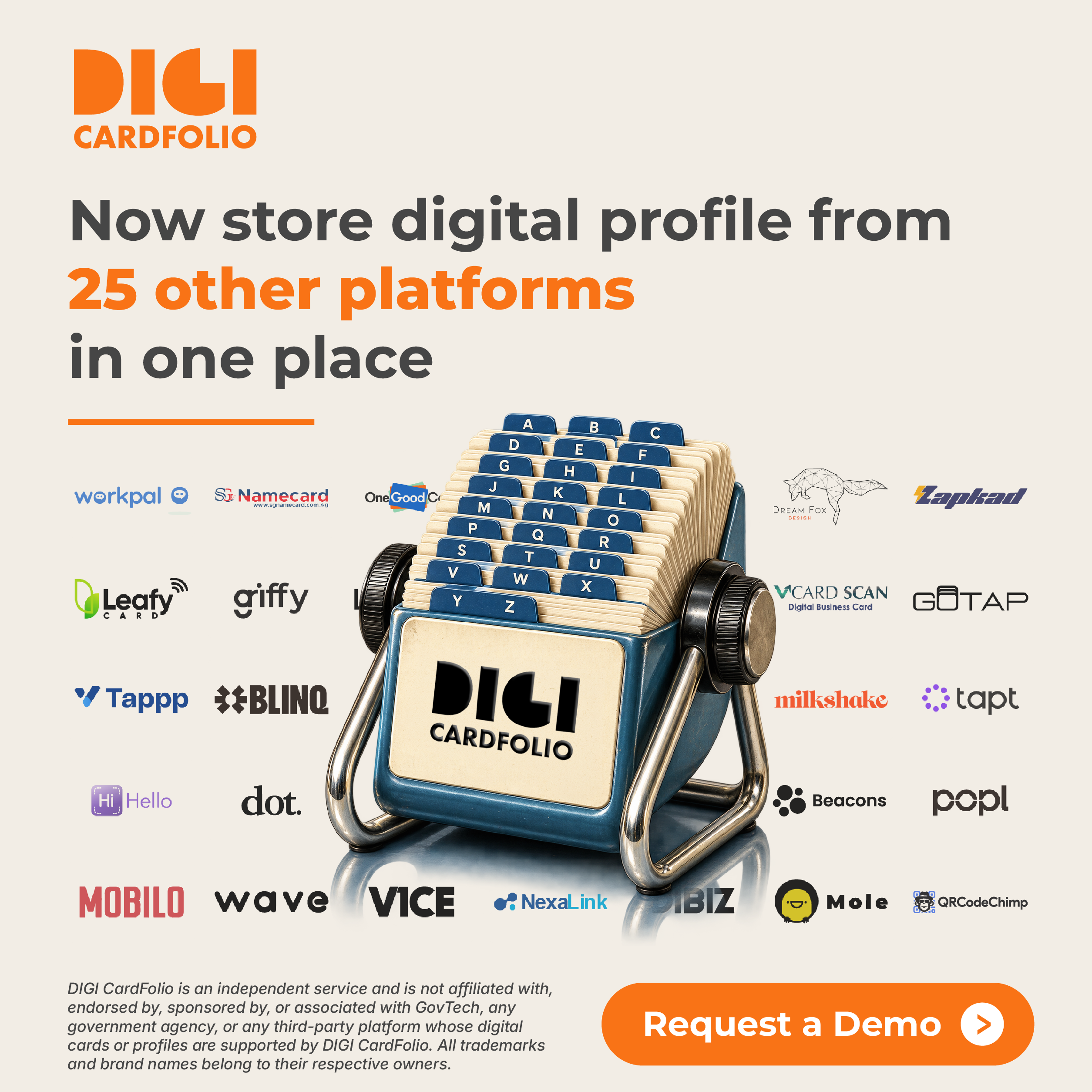 DIGI CardFolio graphic showing digital profiles from 25 platforms stored in one place.
