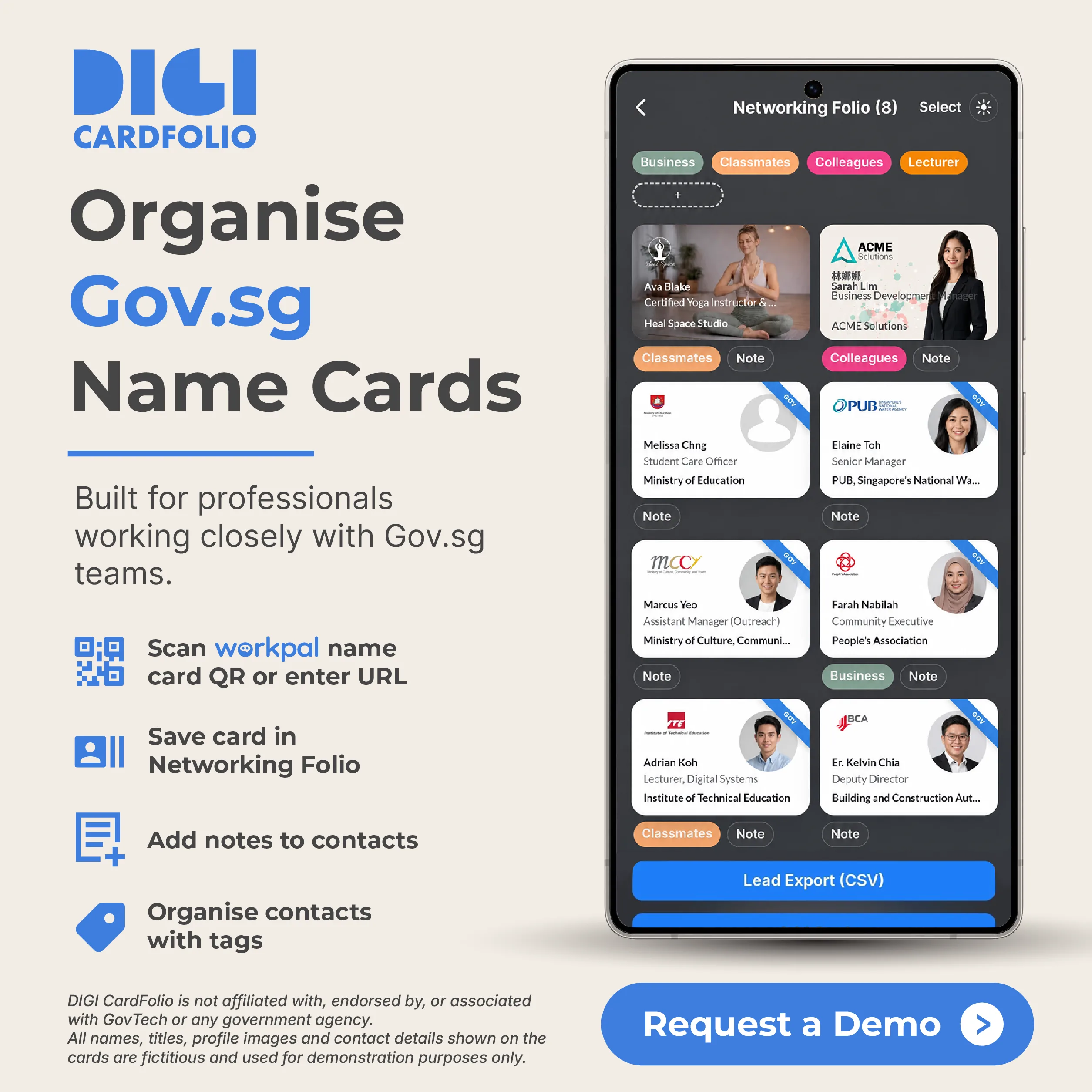 DIGI CardFolio Networking Folio organising example Gov.sg digital name cards with notes and tags.